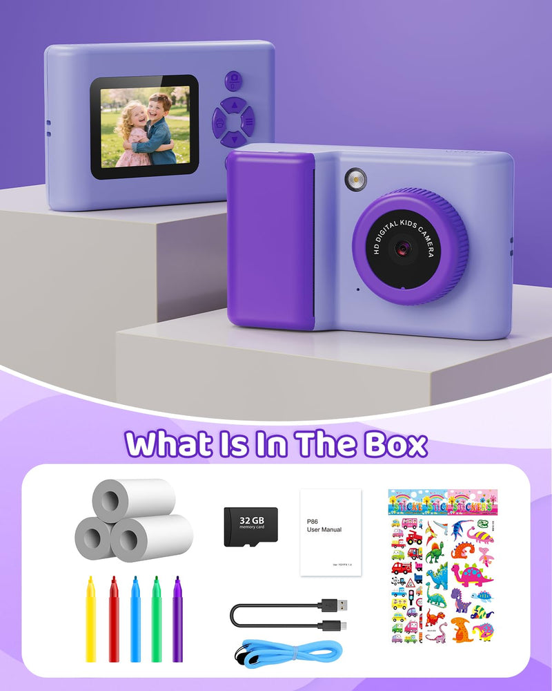 Kids Camera Instant Print, 20MP 1080P Video Instant Print Camera for Kids with 32GB SD Card, 240 Photos Printing, Face Recognition, ABS Durable, Christmas Birthday Gifts for Ages 3-12 Purple