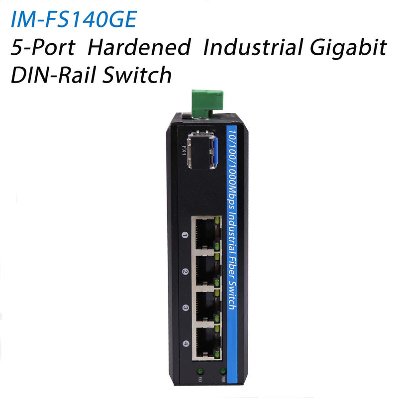 Harsh Outdoor 5-Port Gigabit Ethernet Fiber Converter, Industrial DIN-Rail Network Switch, 100/1000Base-T to LC, Up to 20KM(with SFP Transceiver), IP40, Extreme Heat -40°～ 85°C (-40°～ 185°F)