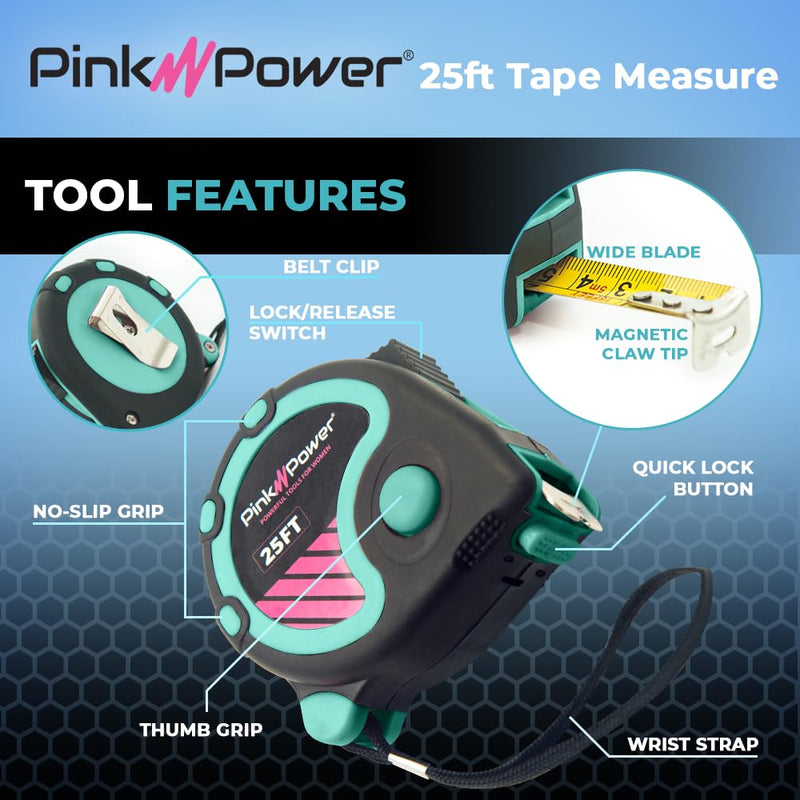 Pink Power Tape Measure with Fractions – Blue Heavy-Duty Small Measuring Tape Retractable with Easy-Read Markings, Electrician Self Centering Return, Magnetic Hook (Blue, 25 ft.)
