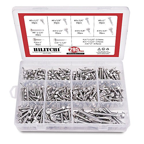 Hilitchi 295 pcs #8 / #10 / #14 Stainless Hex Washer Head Self Drilling Sheet Metal Tek Screws + 270-Pcs #6#8#10#12 Stainless Steel Neoprene EPDM Bonded Sealing Gasket Washers Assortment Kit