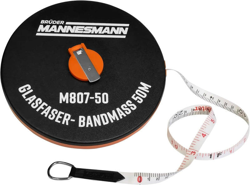 Brüder Mannesmann Fibreglass Tape Measure 50 m, with Crank Retraction, Weatherproof ABS Housing, Precise Measurement, Robust for Construction, Workshop and Garden, Pack of 1, M 807-50