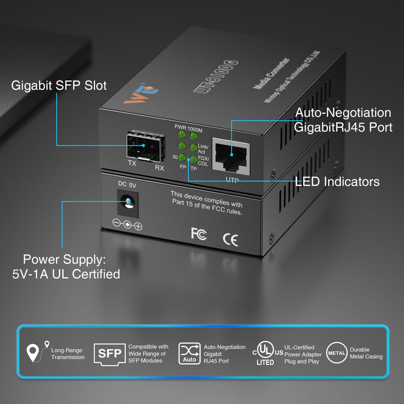 2 Pack Fiber Ethernet Media Converter, WTSFOPTC Fiber Optic Transceiver with 2 Pcs 1.25Gbps SFP Transceiver, Gigabit SFP to RJ45 Media Converter with 1000BASE-SX SFP to LC Modular (MMF,850nm,550m,DDM) Gigabit Media Converter