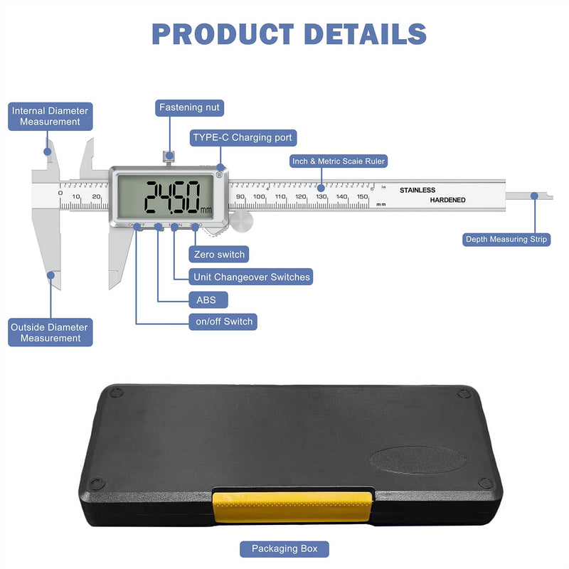 HDLNKAK 6”/150mm Rechargeable Digital Caliper, Inch/MM Conversion Caliper Measuring Tool with Large LCD Screen, Stainless Steel Caliper Tool for DIY/Household/3D-printing. White