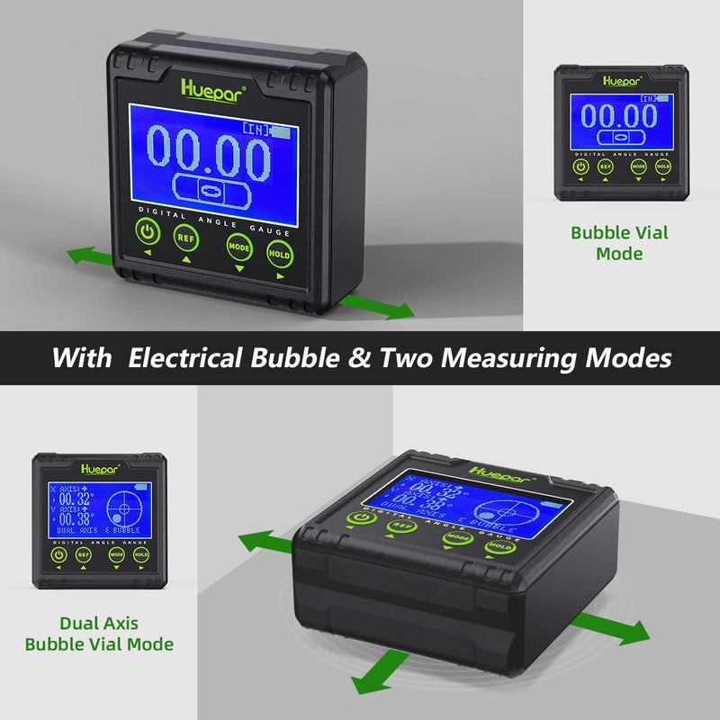 Huepar Digital Protractor, Electric Level Dual Axis Meter 0.01° Resolution V-Groove Magnetic Base & LCD Inclinometer with Acoustic Alarm 0~360°AG03