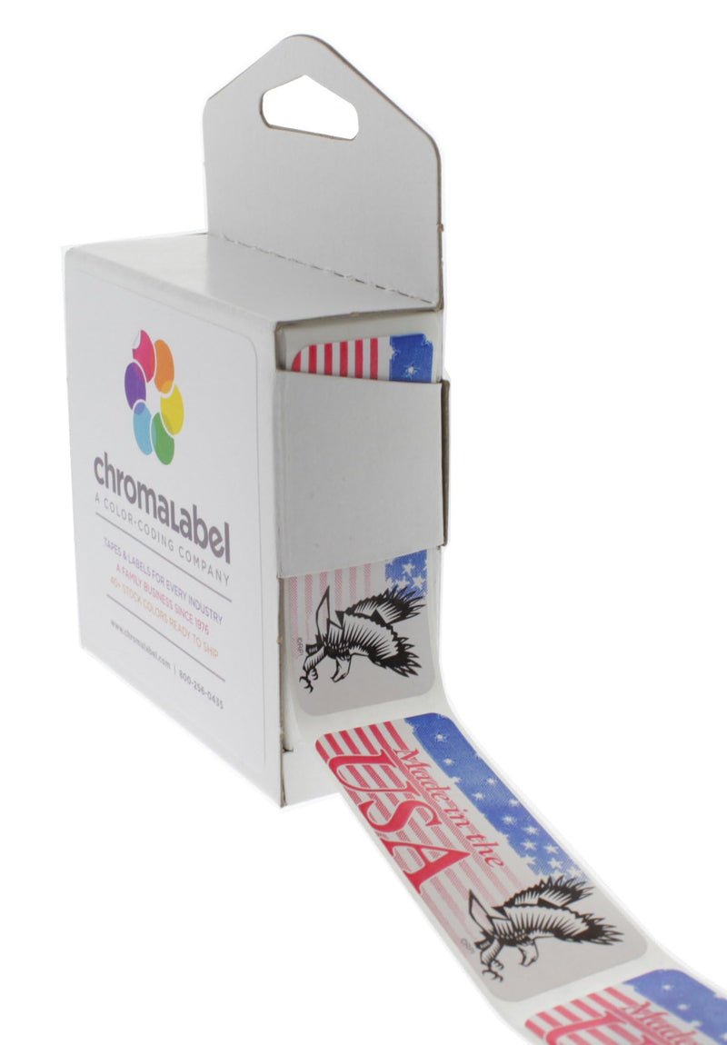 ChromaLabel 1" x 2-1/4" 1 x 2.25 Inch Made in USA Stickers, 500 Labels/Dispenser Box, US Flag, Imprinted: Made in The USA