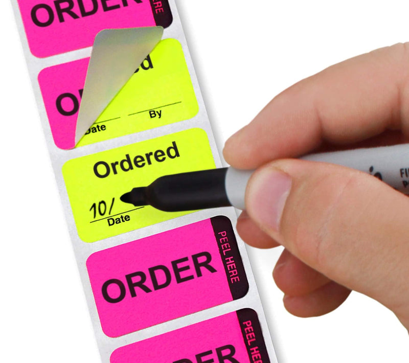 ChromaLabel 1 x 1-½ Inch Fluorescent Pink and Yellow Double Layer Quality Control Label, 250 per Dispenser Box, Imprinted: Order, Ordered