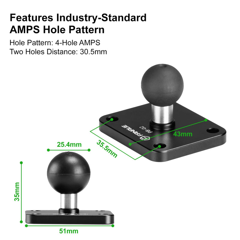 FANAUE Aluminum1'' Ball Mount Base with 4-Hole AMPS Square Plate and 1" Ball Adapter Compatible B Size Double Socket arm and Bike Motorcycle Phone Holder