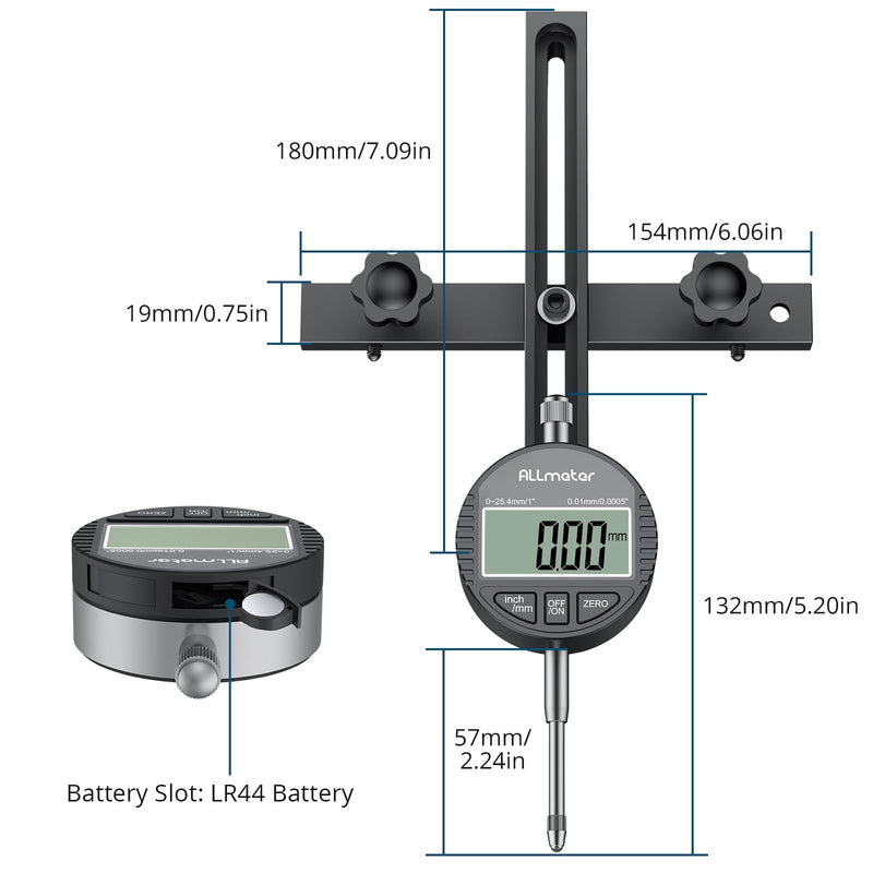 Digital Table Saw Gauge | Straight-Through Chute Design | 0.01mm Precision Dial Indicator | 3/4"(19mm) Aluminum Bar | for Blade/Fence/Arbor Alignment | Fits Saws with ≥3/4" Miter Slots Black 0~1 inch straight through