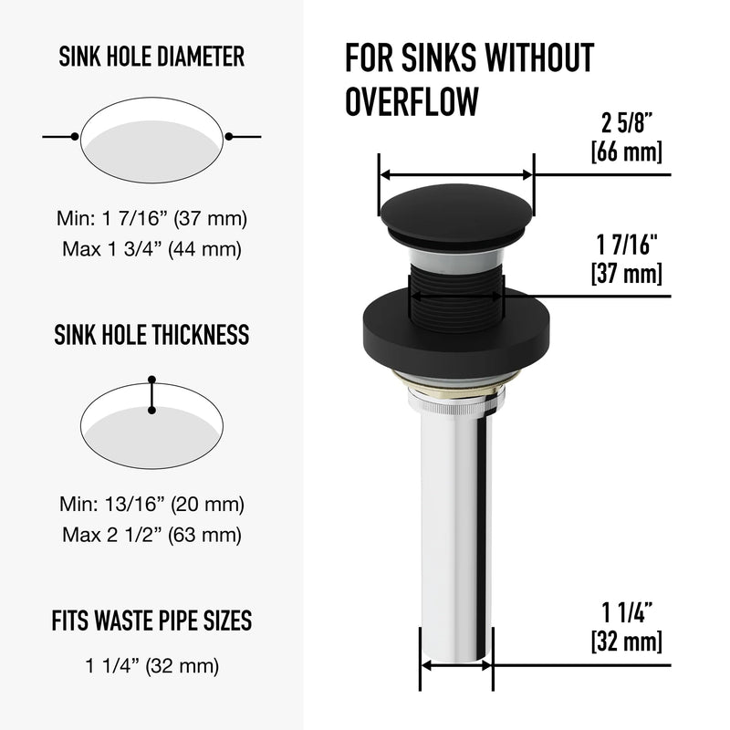 Vigo Bathroom Sink Pop Up Drain Without Overflow, Matte Black Drain Stopper with ClogFree QuickDrain Technology & Matching Mounting Ring