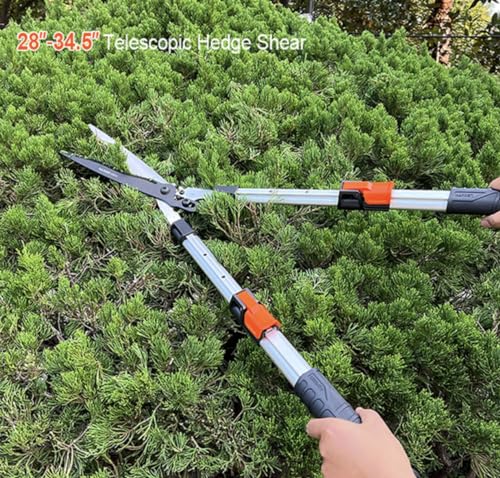 Edward Tools Pro Gear Lever Hedge Shears - 29” - 34” - Telescoping Extendable Handle with High Carbon Steel Teflon Coated Wavy Blade - Ergo Rubber Long Handle - Heavy Duty Gardening Tool