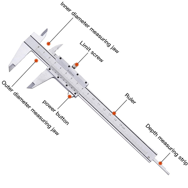 150 mm vernier caliper, stainless steel caliper, precision caliper with locking screw, vernier caliper, caliper caliper with steel ruler, cleaning cloth A