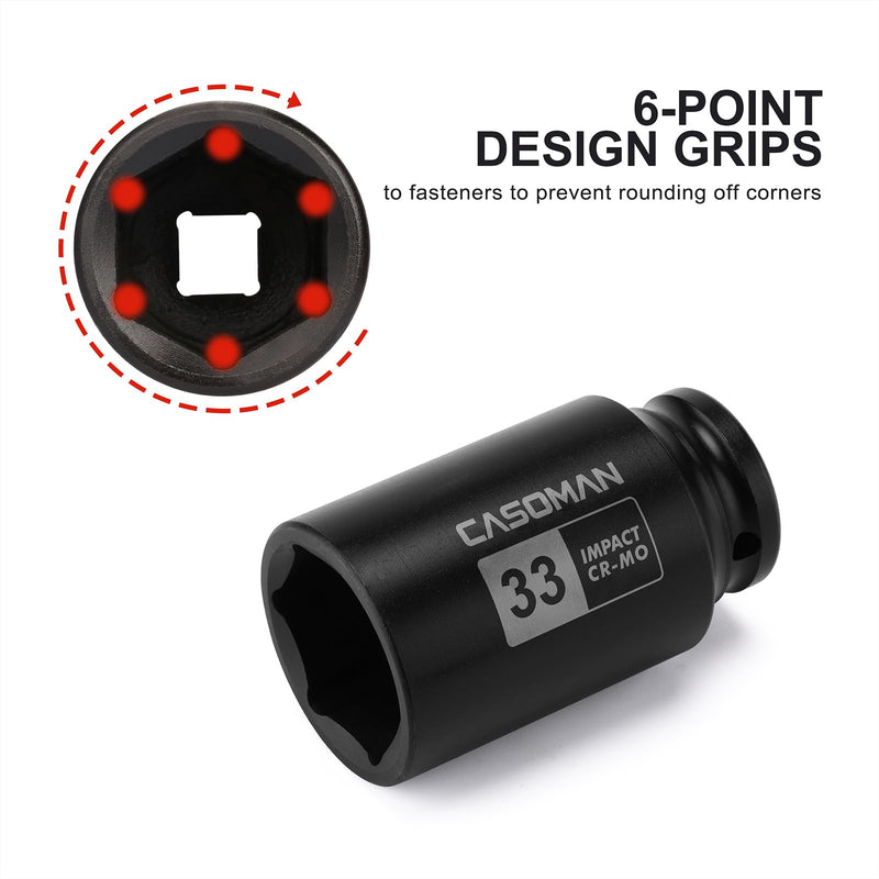 CASOMAN 1/2-Inch Drive x 33 mm Deep 6-Point Impact Socket, CR-MO, 1/2" Dr. Axle Nut Socket for Easy Removal of Axle Shaft Nuts (33MM)