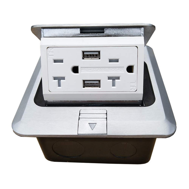 Pop Up Floor Electrical Outlet Kitchen Countertop Waterproof Sockets Pop Out Receptacle Stainless Steel Box Silver Cover with USB Chargers