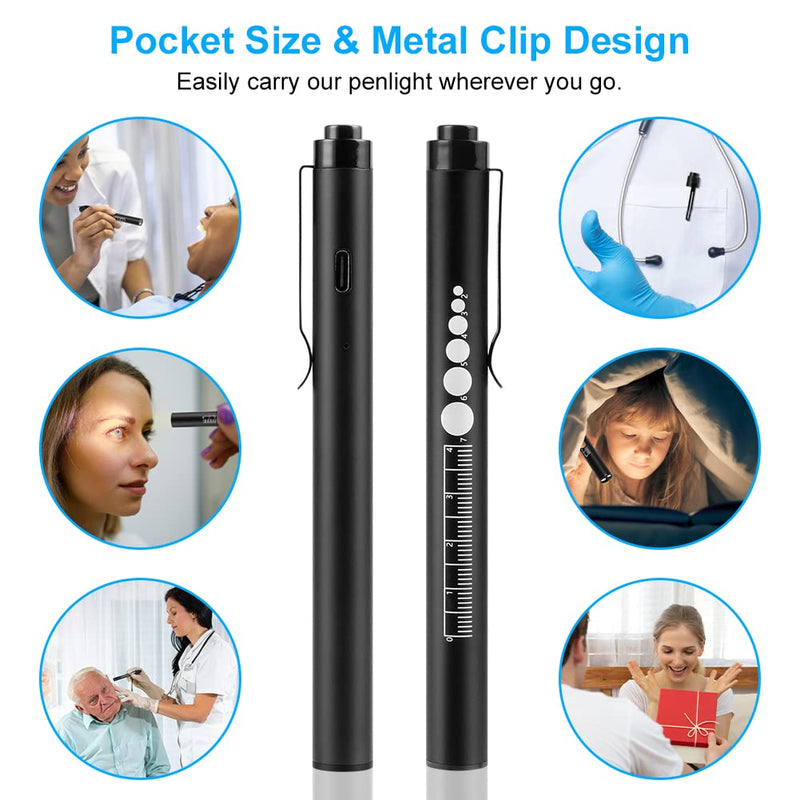 flintronic Pupil Light Medicine, Diagnostic Light Nurse Emergency Service Accessories with Pupil Measuring Device and Ruler, Rechargeable USB LED Penlight for Nurse Student Doctors #3 Black 1 Piece
