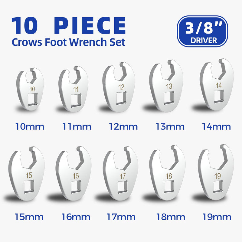 3/8" Drive Flare Nut Crowfoot Wrench Set, 10 Piece Cr-V Steel + Ni-Cr Plating 5 Point Grip Flare Nut Crow Foot Tool Set, Metric 10-19mm Crows Feet Wrench Set with Storage Pouch for Home Car Repair Flare Nut - Metric