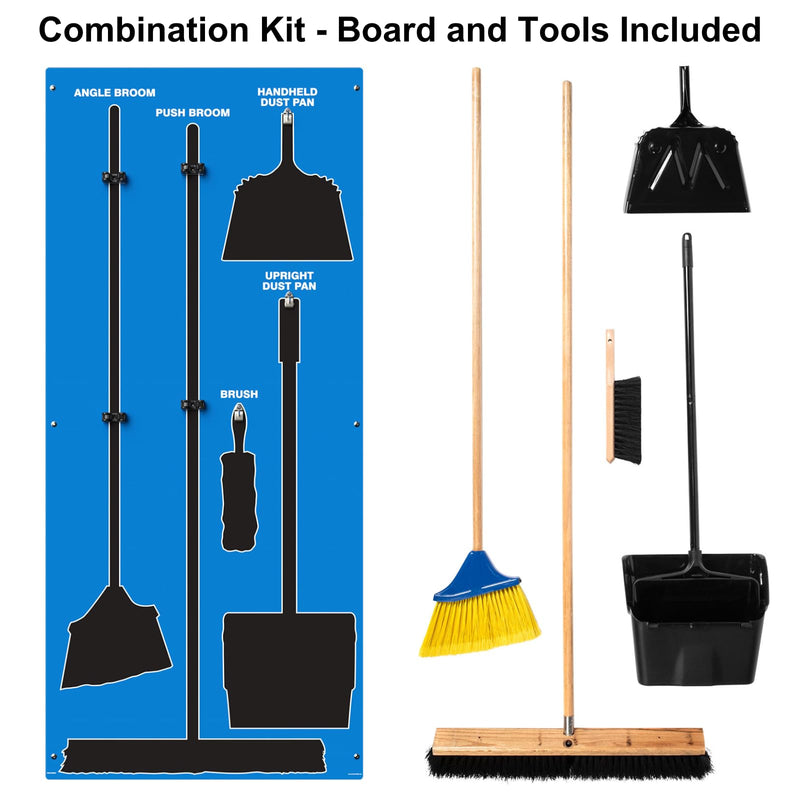 Clean & Sweep 5S Shadow Board/Wall Mount Broom Holder, 68" x 30" Board, 5S Cleaning Station - with Broom and Dustpan Set Included, Made in The USA by AccuformNMC, Blue/Black, PSB716BUBK Ultra Aluma-Lite