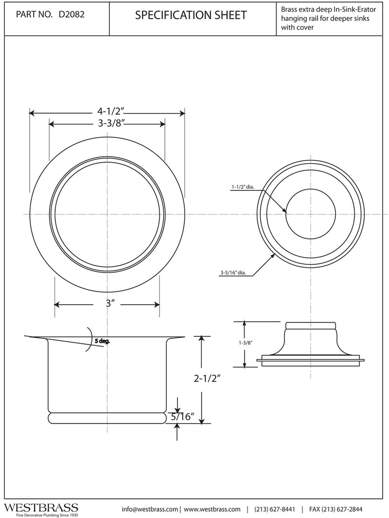 Westbrass D2082-07 3-1/2" Extra-Deep Collar Kitchen Sink Waste Disposal Flange & Stopper, Satin Nickel 1-Pack