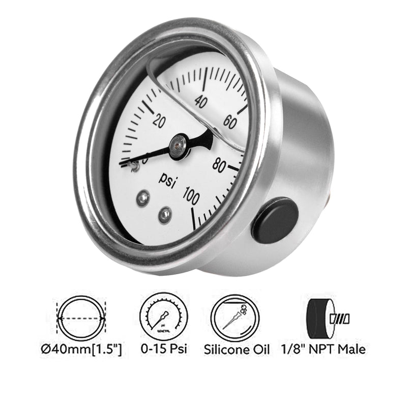 0-100 PSI Fuel Pressure Gauge, 1.85" White Dial, 1/8" NPT Center Back Mount, Glycerin Liquid Filled, 304 Stainless Steel case, Inline Low-Pressure Gauge, for Oil Water Air Pressure Test 0-100PSI