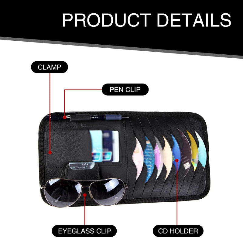 1 PC Car Sun Visor CD Storage Bag, Multi-pocket Leather Layered Organizer, Multi-functional Storage Folder for CDs Sunglasses Cards Pens, Universal Interior Accessories for Cars (Black) 1 PC Black