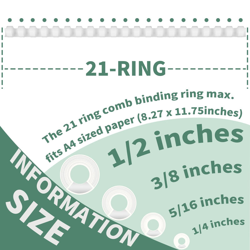 Plastic Binding Combs, Mixed Size, 21rings, 1/4in, 5/16in, 3/8in, 1/2in, Binding Capacity 20-90 Sheets, Max. Binding A4 Size Paper, White, Pack of 100