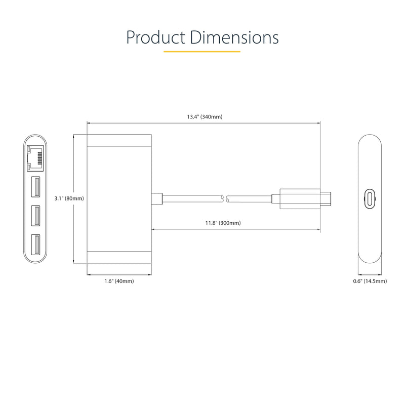 StarTech.com 3-Port USB-C Hub with Ethernet - 3X USB-A - Gigabit Ethernet - USB 3.0 5Gbps - Bus-Powered - 1ft/30cm Long USB Type-C Host Cable - GbE - Portable USB-C to USB-A Splitter (HB30C3A1GEA2)