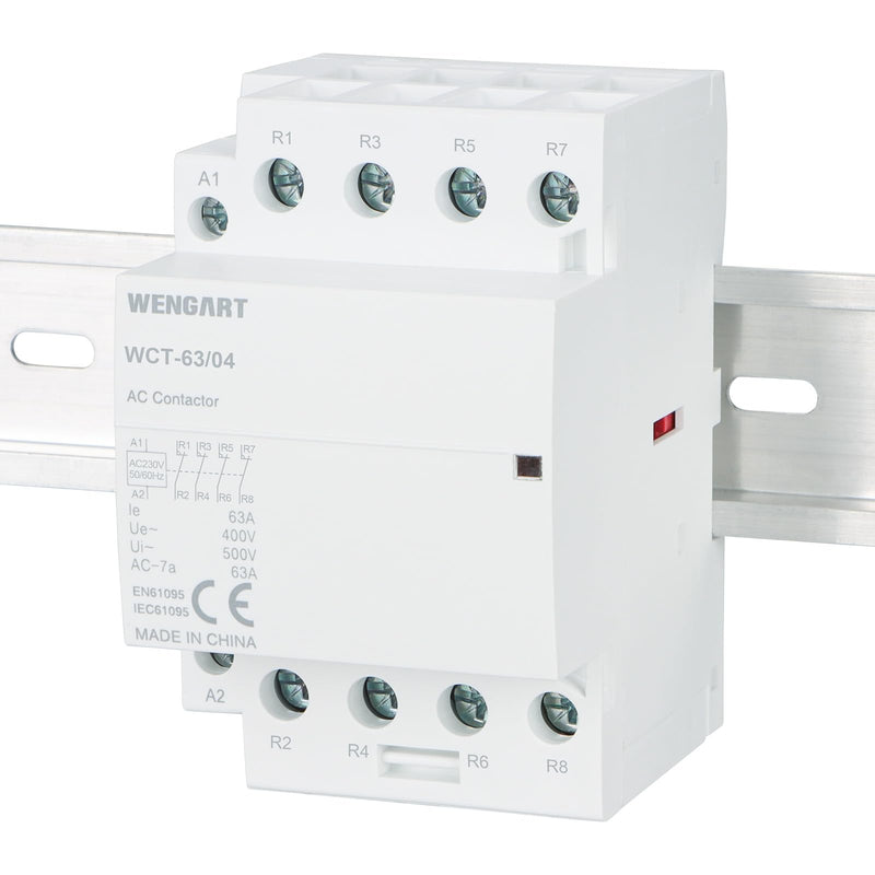 Wengart AC-Schütz WCT-63,4 Normally Closed AC230V 63A, Suitable for Household Appliances and Engine Loads, White | Fireproof ABS For smart home control cabinets. 4NC installation contactor with 2.1W standby. 230 V, 63 A, 54 mm width, DIN35