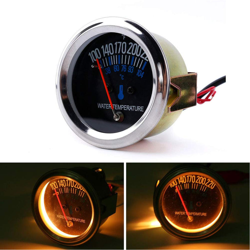 52mm Water Temperature Gauge, 38-104℃ Car Mechanical Meter with Yellow Light, DC 12V Mechanical Accessories Pointer Engine Instrument(Black)