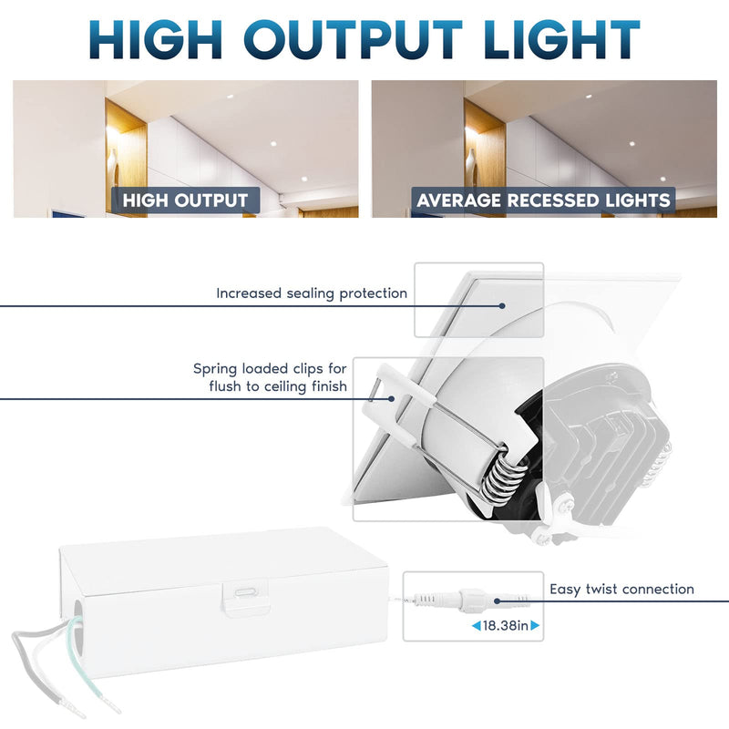 LUXRITE 3 Inch Square LED Recessed Ceiling Light with Junction Box, 10W, 5CCT Selectable 2700K/3000K/3500K/4000K/5000K, 800LM High Brightness, Dimmable Canless Downlight, Wet Rated, IC Rated, ETL