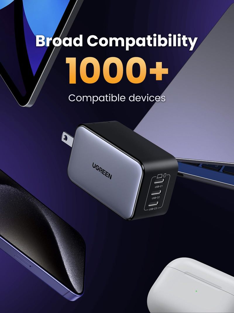 UGREEN 65W USB-C Charger Block, Nexode 3-Port Type-C GaN Charger USB C Power Adapter Fast Charging Compatible with iPhone 16/15, Galaxy S24/S23, MacBook Pro/Air, iPad Pro/Air, Pixel 9/8, Steam Deck