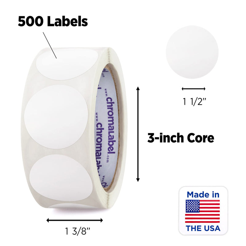ChromaLabel 1.50 Inch Round Label Removable Color Code Dot Stickers, Inventory Label, 500 Labels per Roll, White
