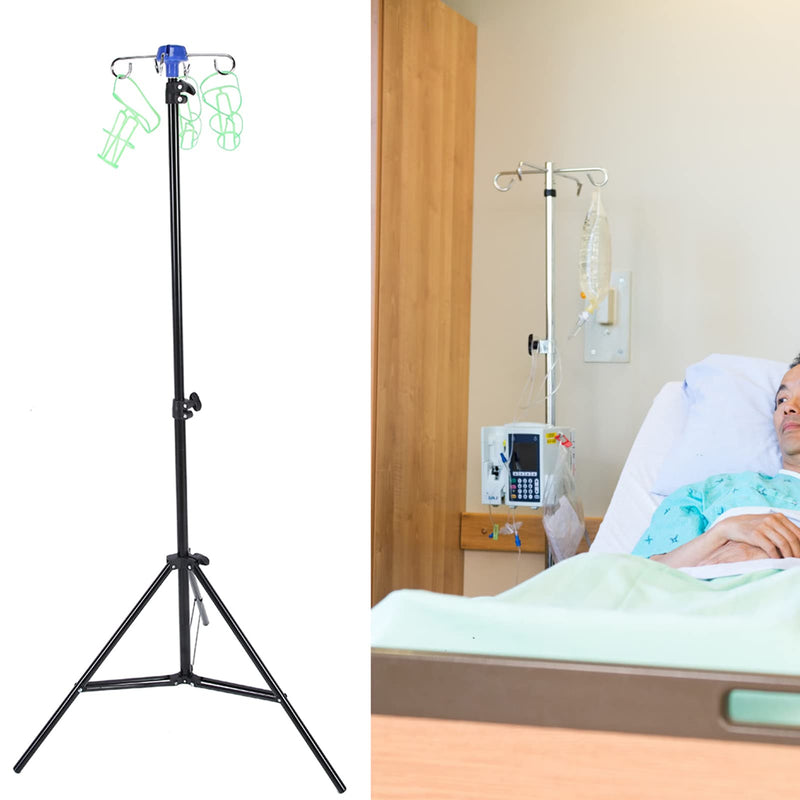 Saluaqui Portable IV Pole Stand, IV Stand for Drip Bags, Stainless Steel Infusion Set with 4 Hooks, Foldable Stand for Nursing Homes and Home Care