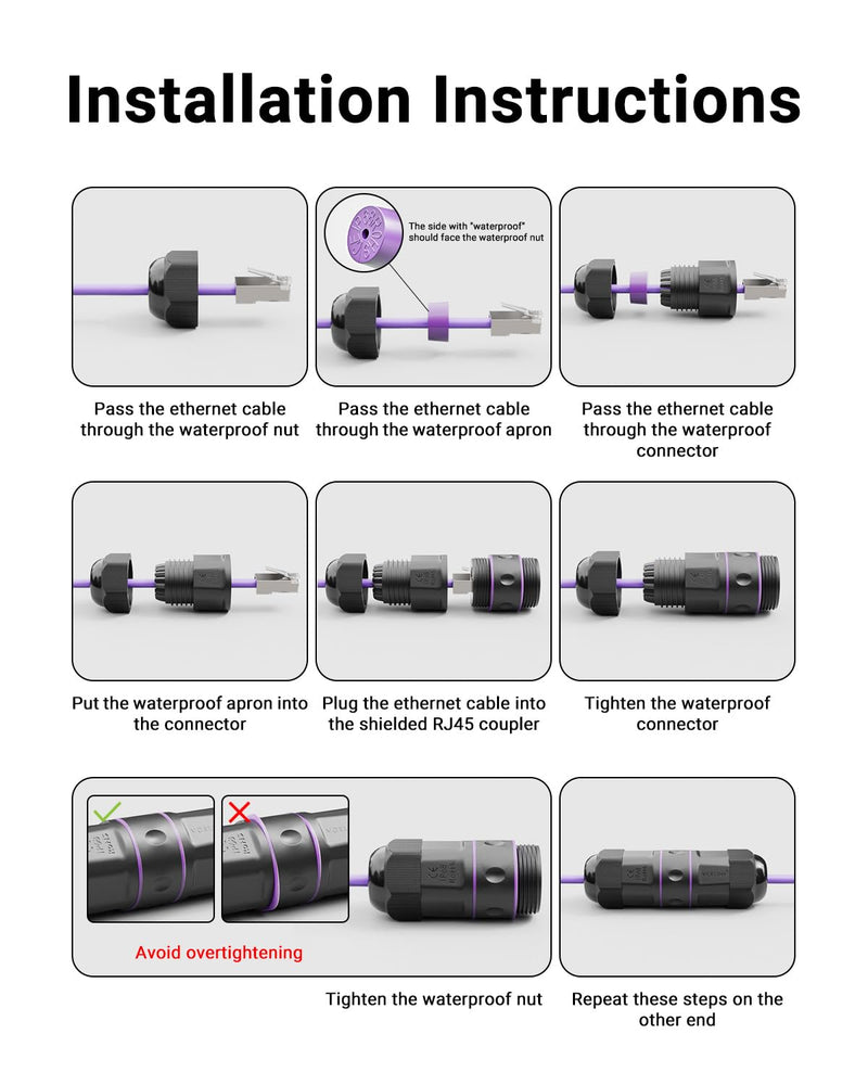 VCELINK Outdoor Waterproof RJ45 Coupler IP68 - Compact Design for Tight Spaces, Shielded Waterproof Ethernet Connector, Cat6/Cat5E/Cat5, PoE, 3.64in (Purple-6 Pack) 6