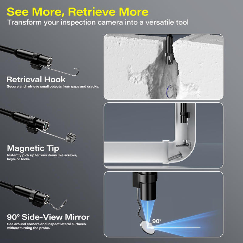 Borescope with Light, 1920P HD Endoscope Inspection Camera with 4.3" IPS Screen, 8mm Lens IP67 Waterproof with 8 LEDs, 16.5ft Semi-Rigid Snake Camera for Automotive Pipe Inspection A1