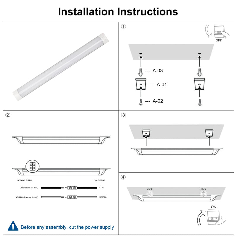 1 Packs 2FT LED Batten Light, Ultra-Thin Ceiling Surface Mounted Light, 20W, Day Light 4000K, IP20, LED Ceiling Lamp for Garage, Shop, Hallway, Office, Market 2 Pack