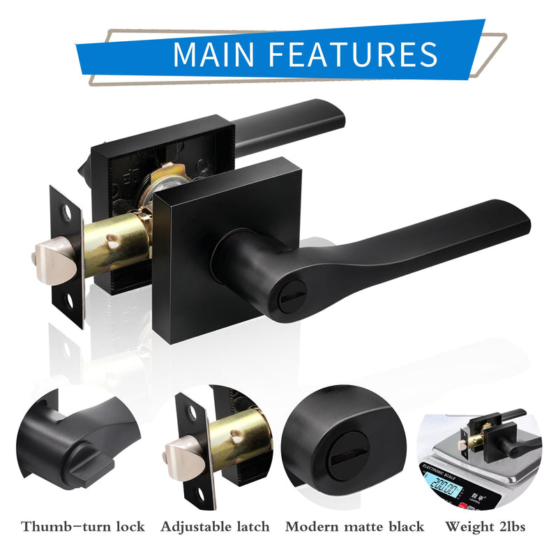 JO.KO Matte Black Door Knob, Interior Privacy Keyless Entry Door Lock, Square Style Reverisble Door Handles, Heavy Duty Door Levers for Bedroom Bathroom Doors 1 Pack Matte Black Tapered Keyless