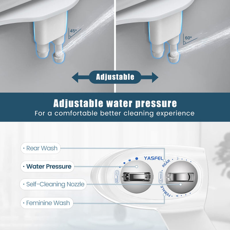 YASFEL Bidet Attachment for Toilet, Self-Cleaning Bidet Sprayer Non-Electric Dual Nozzle for Feminine/Posterior Wash Bidet Toilet Attachment with Pressure Controls (White) White