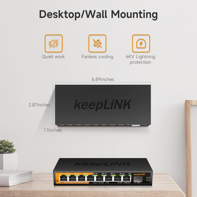 8 Ports 2.5G Switch Smart Web Managed, 8 x 2.5G Base-T & 1 x 10G SFP Slot, Support 802.3ad Static Aggregation, QOS/VLAN/IGMP, Metal Housing Network Ethernet Switch 8 Port 2.5G Switch Managed
