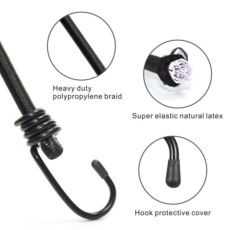 Bungee Cords with Hooks, Heavy Duty Outdoor Elastic Bungee Straps，No Odour Industrial Grade Bungee Rope for Securing Tarps, Luggage, Tents, Bikes or Garden Tidying 24inch 4Pcs (Black) 24inch x 4pcs