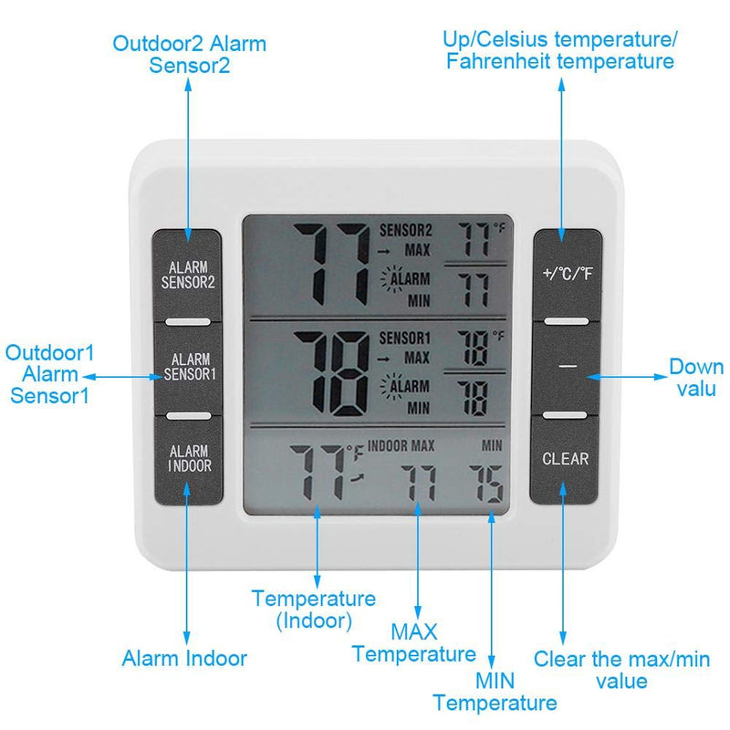 Fridge Thermometer, Digital Freezer Thermometer, with 2 sensors and Acoustic Alarm, Refrigerator Freezer Inside Outside Thermometers, for Kitchen Home Motorhome