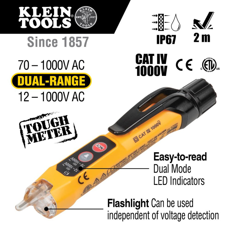 Klein Tools NCVT3P | Non-Contact Voltage Tester 12-1000V AC | Dual Range Test Pen with Flashlight | Acoustic Signal & Flashing LED | Auto Shut Off | Pocket Clip | Professional Voltage Detector