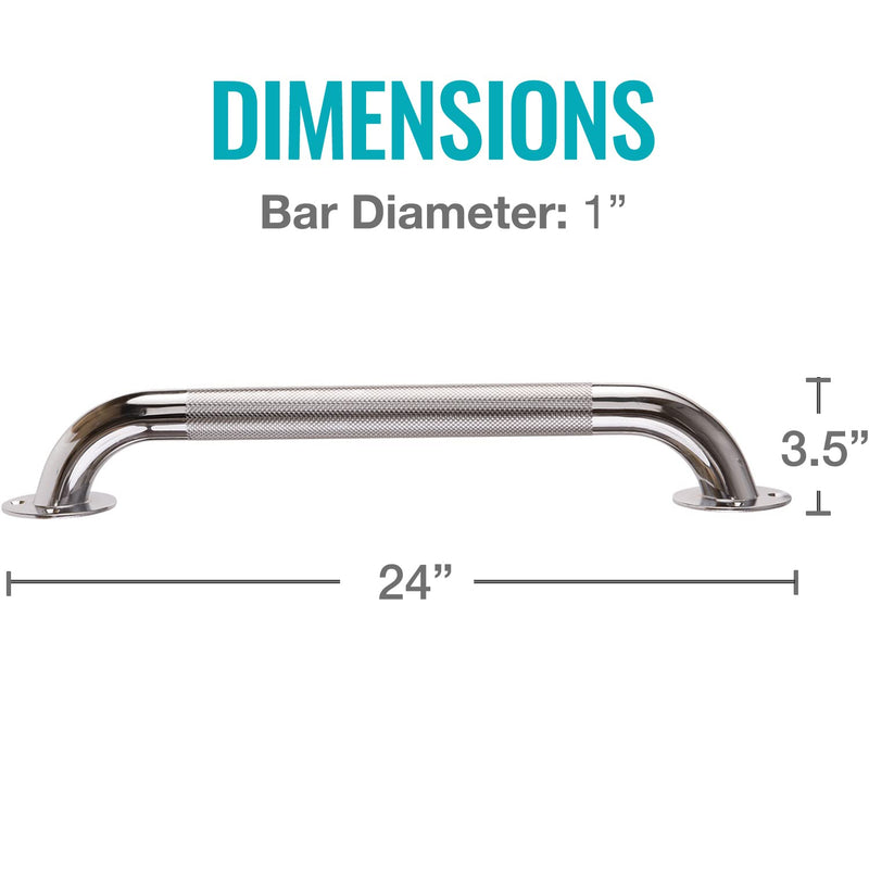 DMI Textured Grab Bars, Shower Toilet Tub Rail for Handicap & Elderly, Perfect for Bathroom Safety, Rust-Resistant Steel, Silver, Chrome, 24", FSA & HSA Eligible 24 Inch
