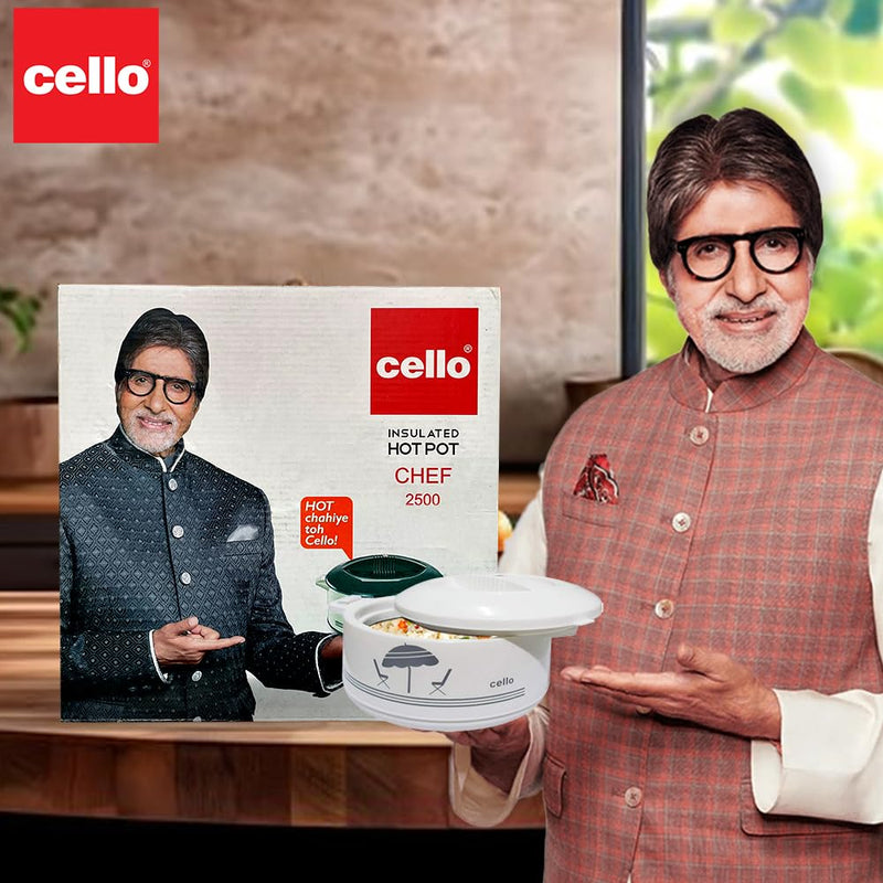 Cello Chef Deluxe Insulated Hot Pot Casserole 2500, White | Spacious 2300ml Capacity Provides Ample Storage and Serving Space for Everyday Family Dining