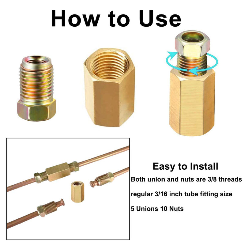 MuHize Brake Line Unions - 10 PCS Brass Inverted Flare Brake Line Unions (3/8" - 24 Threads) Assortment for 3/16" Brake Line Tube Fittings