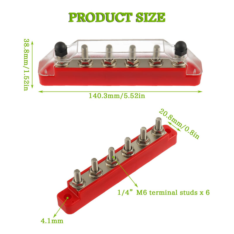 BOJACK 12V Bus Bar 6 x 1/4”(M6) Post, 12 Volt Battery Power Distribution Block with Cover with Mounting Screws and Ring Terminals for Car Boat Marine Boat and Yachts(Black+Red) 150A 6 x 1/4" (M6)