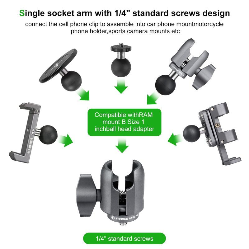 FANAUE Single Socket Arm with 1/4”-20 Metric Thread Compatible with RAM Mounts B Size Double Socket Arm