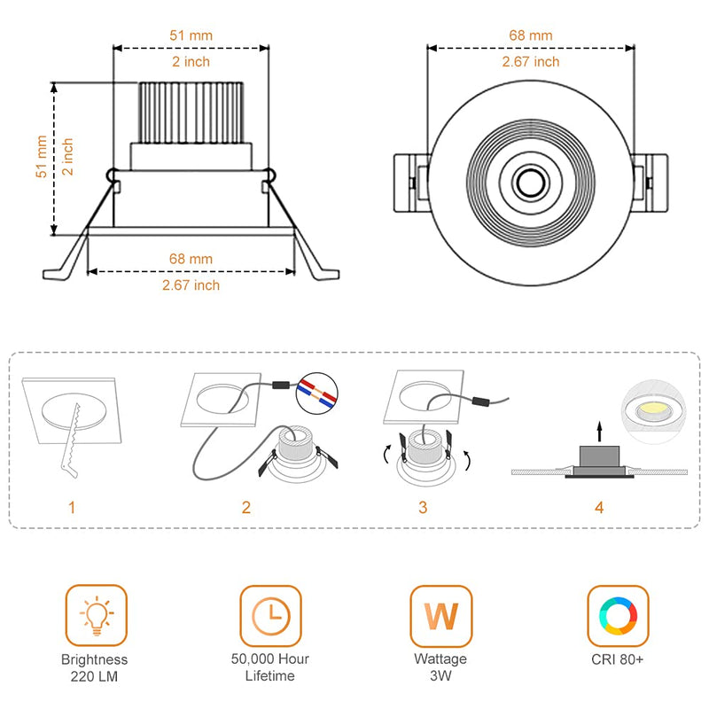 2Inch LED Recessed Ceiling Light, 3W Dimmable LED Downlight, Warm White 3000K, 60 Beam Angle Directional COB Recessed Lights with Driver, 25W Halogen Bulbs Equivalent for Ceiling Lighting, 6Pack 3000k (Warm White) 6P Black (COB)