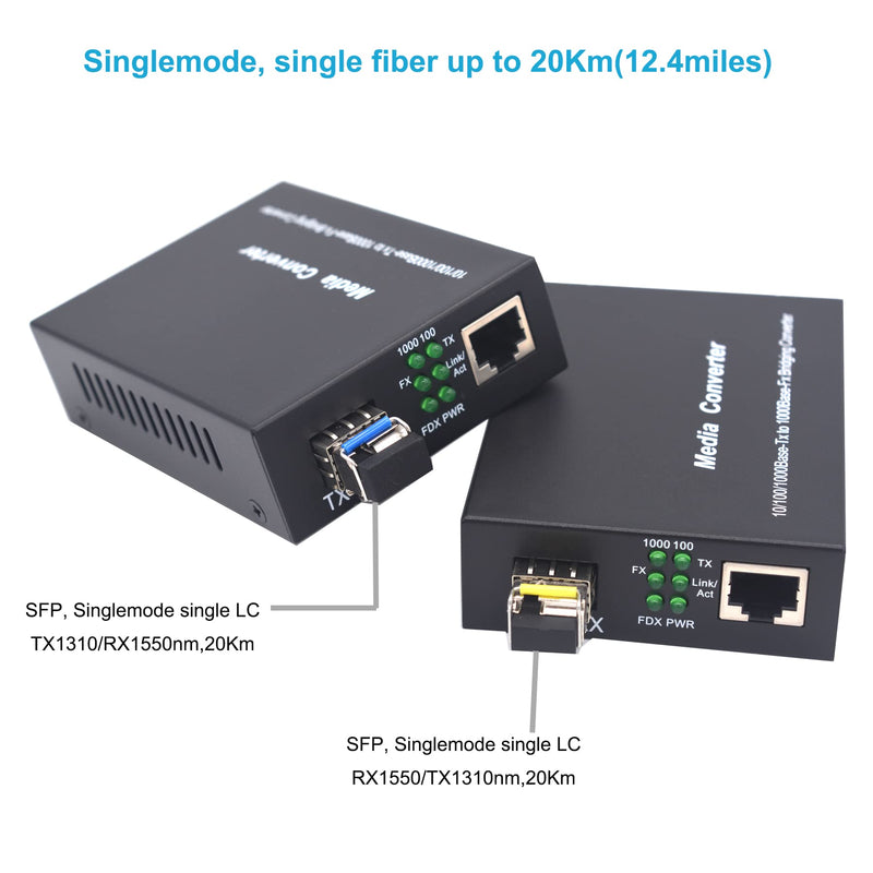 Single Mode Gigabit Fiber Media Converters LC -2 LC SFP Transceiver SM up to 20Km (12.4 Miles) Wavelength 1310nm/1550nm, LC to UTP Cat5e 10/100/1000 RJ-45 –Gigabit Ethernet Speed, A Pair SM 20Km, LC, Single Core