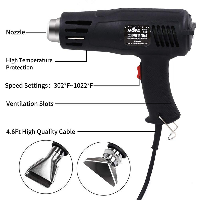 Hot air guns, mofa heat guns 2000W with 2 temperature settings 150°C to 550°C (302°F ~ 1022°F), 4.6ft long cable with 2 nozzles as overload protection for the process (MJ12) Mj12