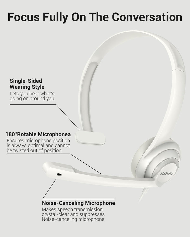 HW02 USB Headset with Microphone Noise Cancelling &in-line Control, Super Light, Ultra Comfort Computer Headset for Laptop pc, On-Ear Wired Office Call Center Headset for Boom Skype Webinars（White） White 3.5+USB