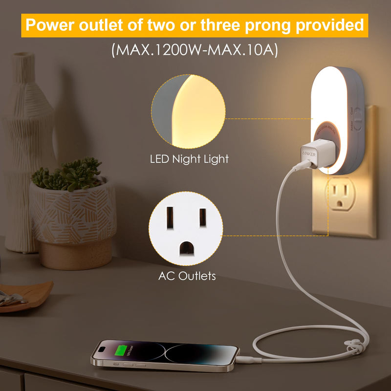 Dawnrise Night Lights Plug Into Wall,Dusk to Dawn Sensor Night Light with Power Outlet,CCT 2200K/4000K,5/20LM Adjustable Brightness for Bedroom,Kitchen,Living Room,Office (4 PK) 4 PK